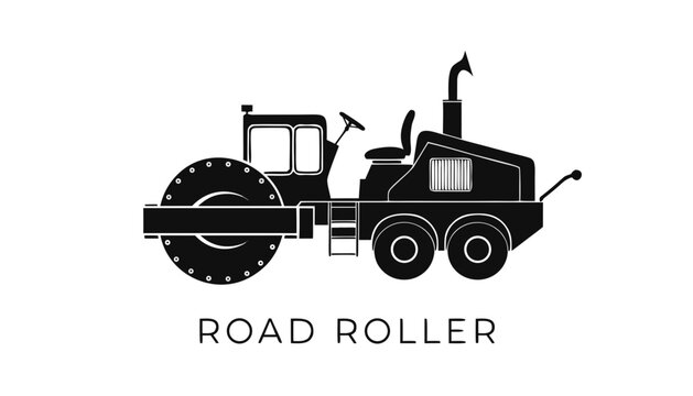 Very beautiful black and white vector illustration of a ROAD ROLLER with steel drum details and realistic construction machinery styling, isolated on white background, with the label "ROAD ROLLER" dis