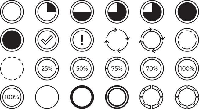 Collection of circular progress bars and loading icons isolated on transparent background vector illustration.
