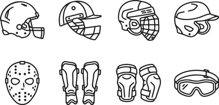 Set of sports helmets and protective gear including hockey mask, shin guards, elbow pads and goggles.