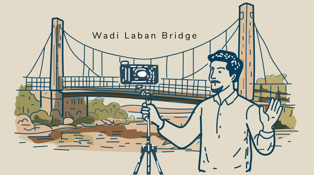 Vector sketch of an Arab travel blogger vlogging with a camera at Wadi Laban Bridge, Saudi Arabia. Ideal for tourism and media content.