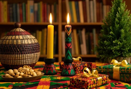 Kwanzaa inspired colorful African patchwork quilt background representing literature, culture, tradition, diversity, celebration, heritage, textile patterns, unity, and festive African diaspora artist