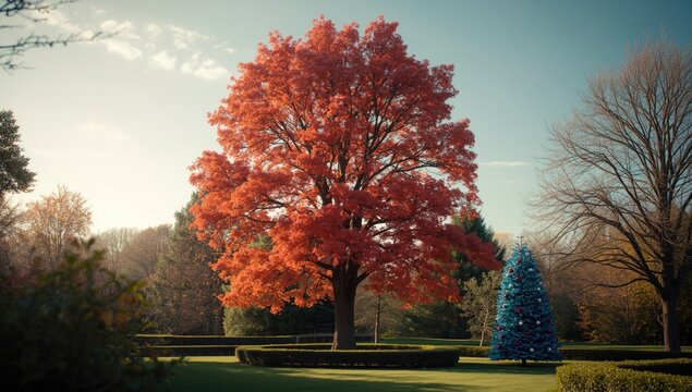 Tall red oak with vivid leaves in a designed garden next to a blue festive tree and sky copy space background