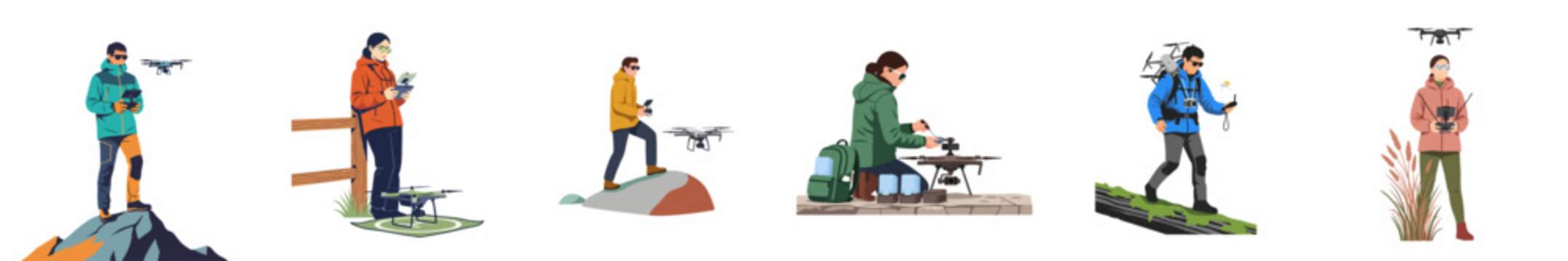 Collection of diverse people operating drones and quadcopters in various outdoor settings including mountains, hills, and fields.