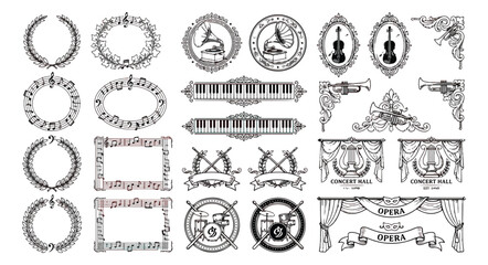 Vintage music elements and classical theater frames, antique orchestral instrument icons and opera stage curtains, retro musical vector set © zahra
