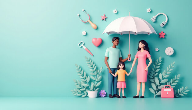 3D illustration of a family standing safely under a large umbrella. Life insurance, family protection, security concept.