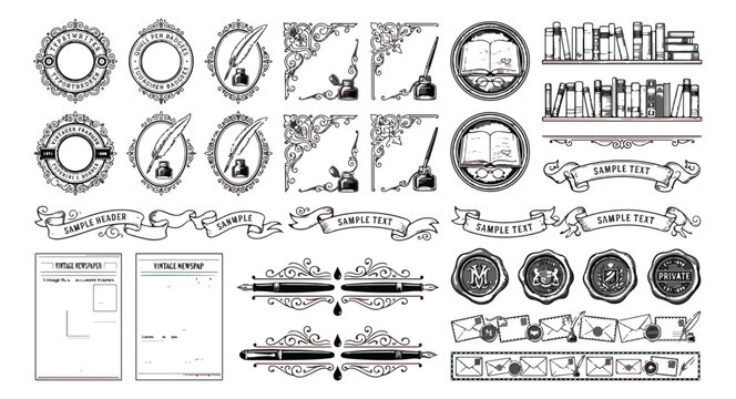 Vintage literary vector set, hand drawn library icons and bookish ornaments, antique quill and inkwell illustrations, classic stationery design elements