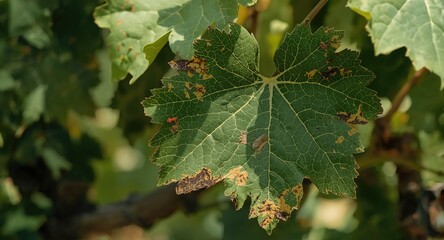 Fototapeta premium Detailed view of grapevine leaves suffering from pest damage emphasizing vineyard crop protection