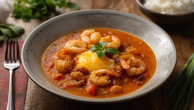 Rich Thai shrimp curry combined with aromatic cha-om egg dish