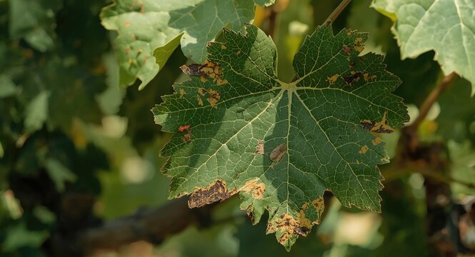 Detailed view of grapevine leaves suffering from pest damage emphasizing vineyard crop protection