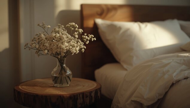 White blooms decorating nightstand near a cozy wood bed