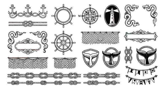 Vintage nautical design elements set, black and white maritime icons and borders, sea theme vector collection for branding and logos
