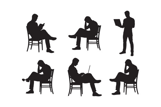Six diverse black silhouettes of men sitting and standing, engaged in reading, working, and deep thought