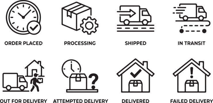 Package tracking icons representing order status from placed to delivered with different shipping transportation methods.