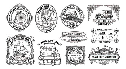 Vintage travel badges and retro adventure labels set, 10 antique transportation vector icons, monochrome wanderlust luggage and vehicle emblems © zahra