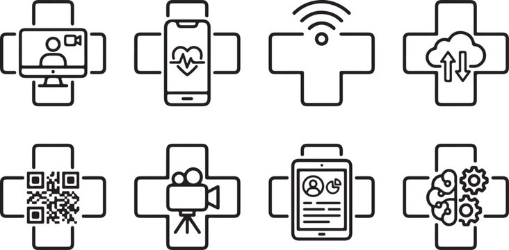 Healthcare technology icons symbolizing remote patient monitoring and digital health services.