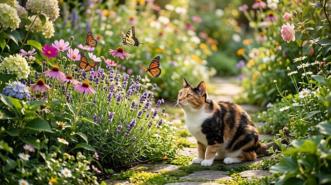 Calico cat looking at butterflies in a beautiful summer garden with colorful flowers