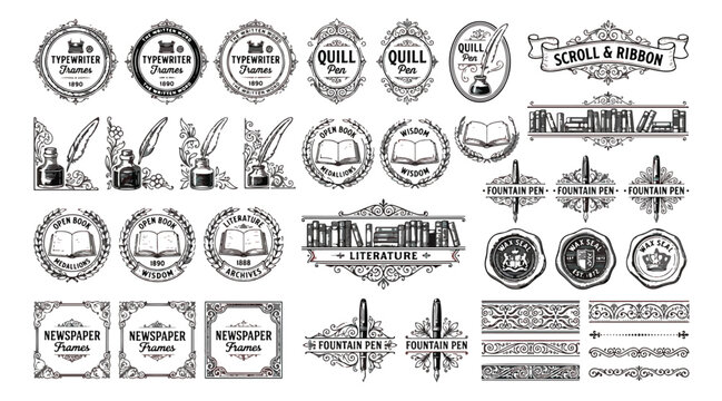Vintage literature and writing icons set, retro quill pen and typewriter emblems, antique book and newspaper frames, black vector graphics