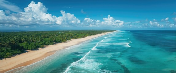 Obraz premium Scenic aerial of tropical beach landscape with ocean waves and clear summer weather