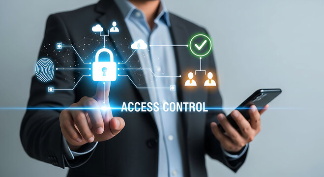 Businessman touching access control interface for cyber security and data protection