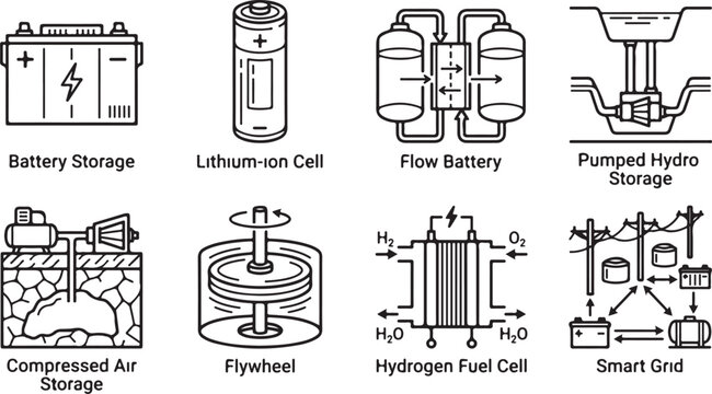 Energy storage icons battery lithium ion cell flow battery pumped hydro storage compressed air flywheel.