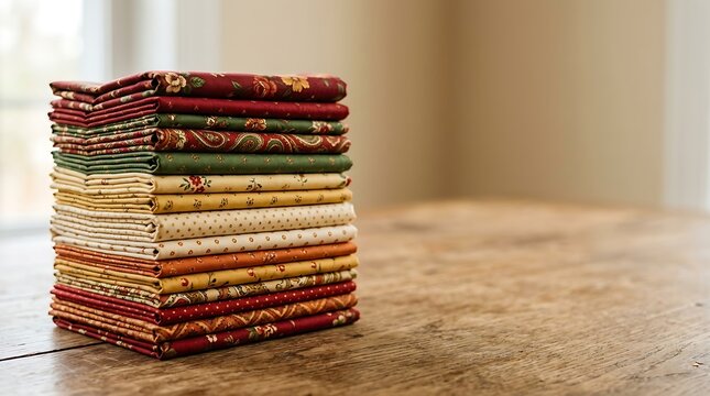 Neatly folded stack of patterned craft fabrics on a wooden table