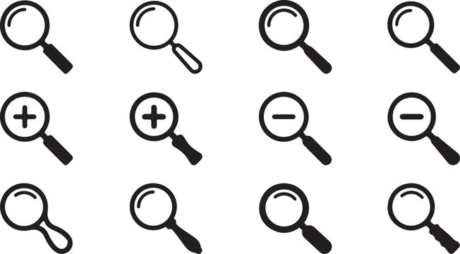 Black magnifying glass icons with plus and minus signs
