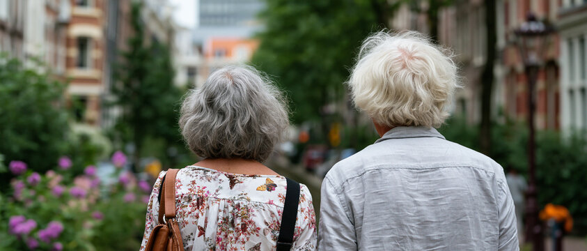 > Vue de dos d'un couple de seniors marchant ensemble dans une rue pittoresque d'Amsterdam. Homme et femme aux cheveux gris profitant de leurs vacances en Europe. Concept de retraite active et de voya