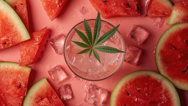 Vibrant backdrop of fresh watermelon slices and ice cubes highlighting refreshing vodka cocktail with cannabis leaf garnish