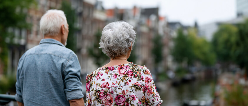  R&uuml;ckansicht eines &auml;lteren Ehepaars beim Sightseeing in Amsterdam. Entspannte Senioren blicken auf eine historische Gracht. Panorama-Konzept f&uuml;r Reisen im Ruhestand, Europa-Urlaub und Textfreiraum