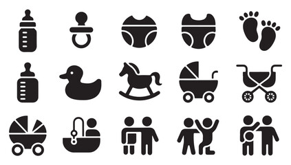 Fototapeta premium Baby icon set featuring essential equipment and symbols for infant care and nursery needs.