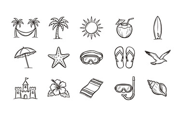 Fototapeta premium Hand drawn summer beach vacation and tropical island travel doodle sketch collection
