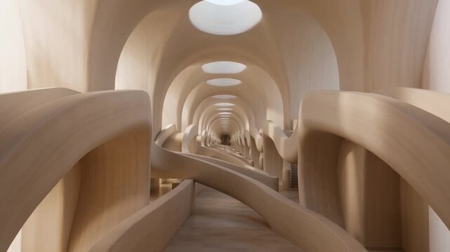 Modern abstract interior with curved stairs and arches