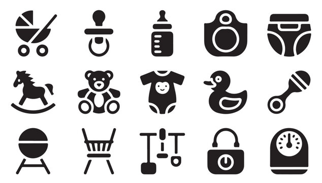 Baby care and nursery icon set containing essential supplies for newborn infant wellness.