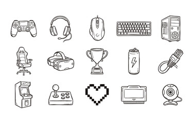 PC gaming accessories and virtual reality outline illustrations featuring gamepad and headset © Billal
