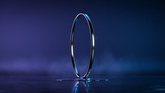 Futuristic Metallic Ring Portal with Neon Light Reflections on Wet Surface, Sci-Fi Cosmic Background with Smoke and Stars, Abstract 3D Render Cyberspace Stage Concept