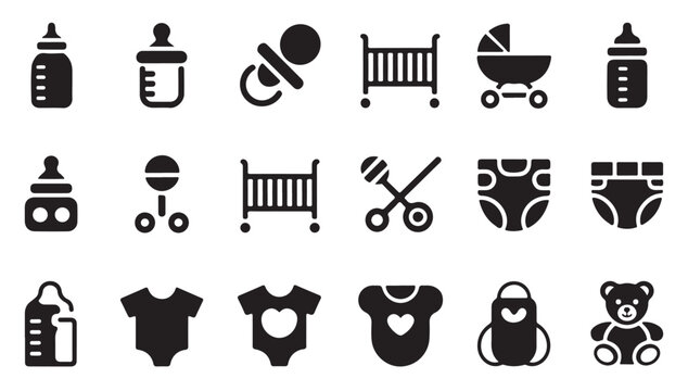 Collection of baby items including bottles pacifiers cribs strollers and teddy bears.