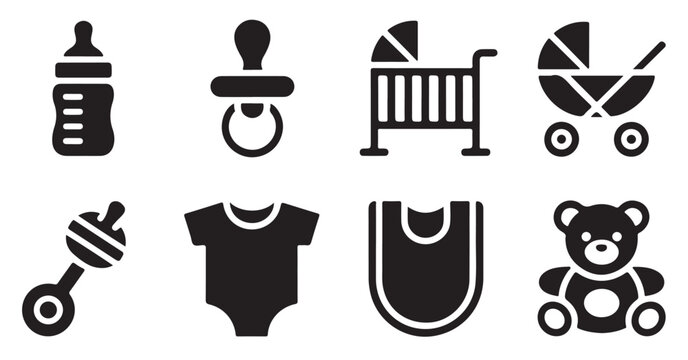 Collection of black vector baby icons featuring feeding supplies clothing toys and cribs.