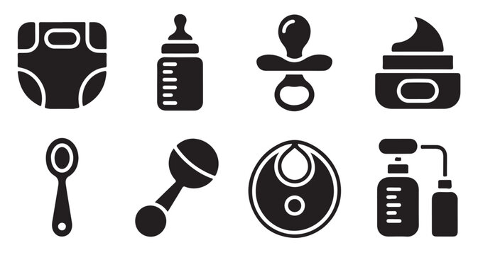 Set of black vector baby care product icons with diapers bottles pacifiers and creams.