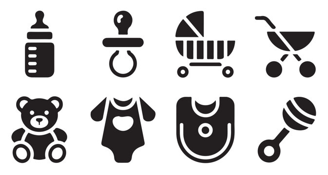 Set of baby care equipment icons including bottle pacifier stroller crib teddy bear bib.
