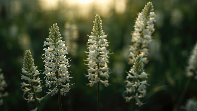 Spike clusters of five petal white flowers on Lysimachia clethroides with copy space
