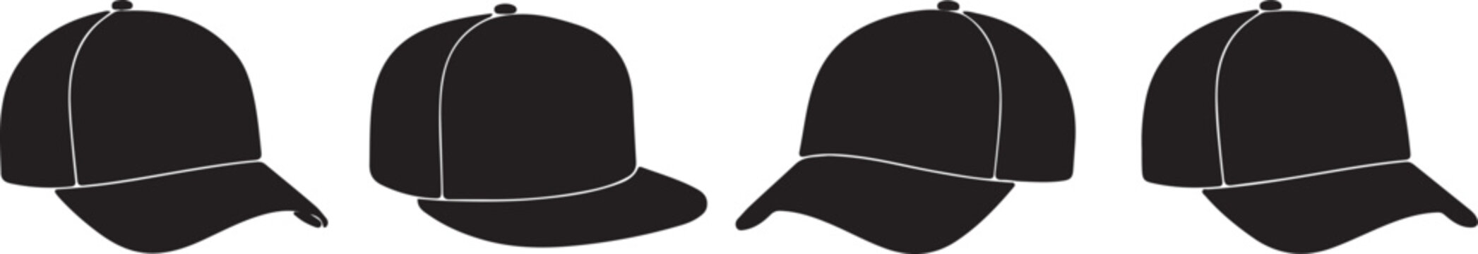 Four black baseball caps with white outlines