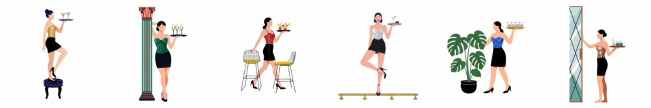 A collection of stylish women in elegant corsets and skirts serving cocktails and drinks in various chic poses, set against a white background.