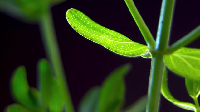 St Johns Wort Hypericum Perforatum Green Leaf Glands Macro Black Background Zoom. Leaf Perforated Lamina Morphological Structure. Pellucid Glandular Dots Micro View.