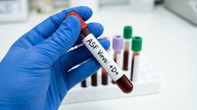 Scientist in a blue glove holding a blood test tube labelled asf virus positive in a medical laboratory with laboratory research, pathology analysis, diagnostic biotechnology