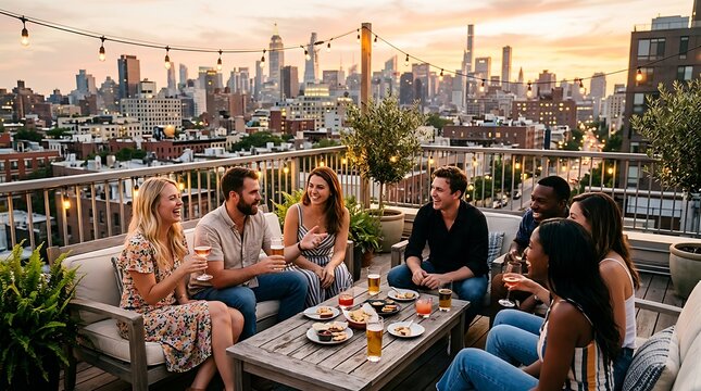 Group of friends enjoying drinks on a rooftop terrace at sunset in new york city