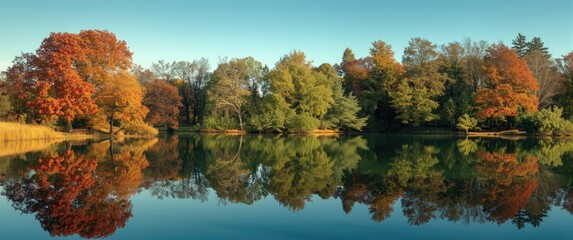 Fototapeta premium Autumn trees reflecting in calm lake water