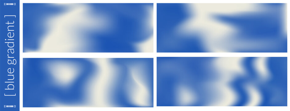 Retro blue and white cloudy sky gradient banners set. Wide templates background with blurry wave gradation. Liquid sky template for calm presentation design. Vector blue gradient