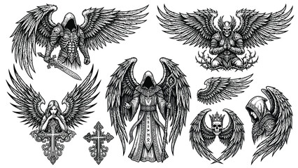 Fototapeta premium Detailed collection of gothic angel and grim reaper illustrations with wings, swords, and crosses in a dark, intricate engraving style.