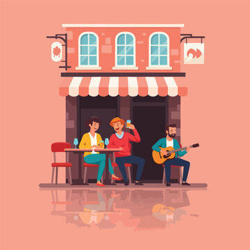 Happy Couple Enjoying Live Music at Cozy Outdoor Caf with Guitarist Performing cafe relaxing socializing drinks conversation digital lines vector