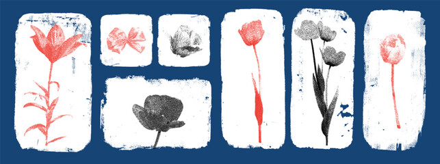 Obraz premium Flower frames with stipple lily, tulip and peony in photocopy halftone look. Red and black blooms on white grunge swatches over blue. Vector collage set of stippled flowers for moody wall art print